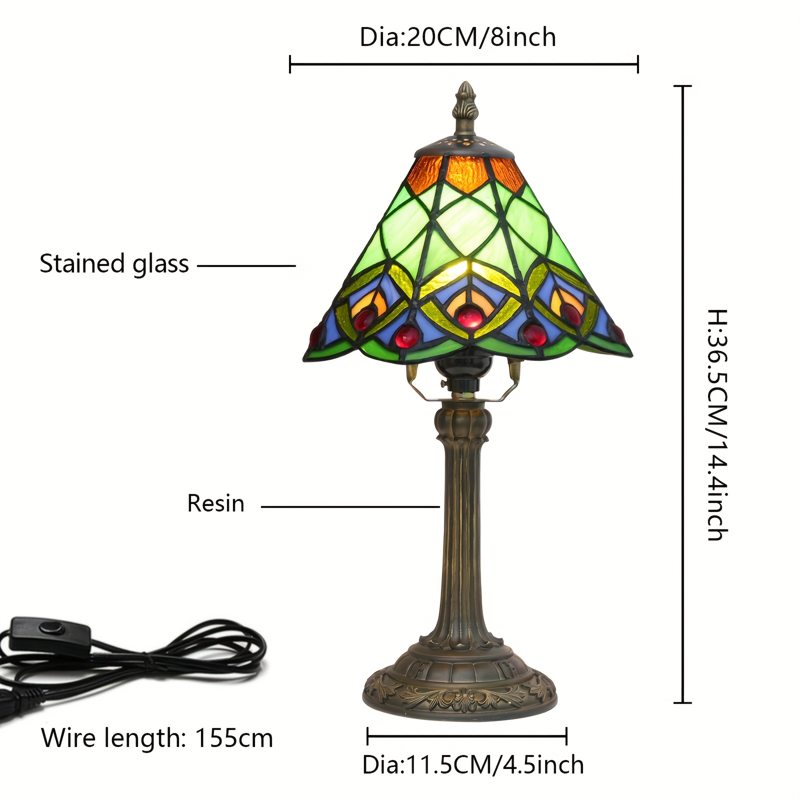 8" Green Peacock Stained Glass Lamp