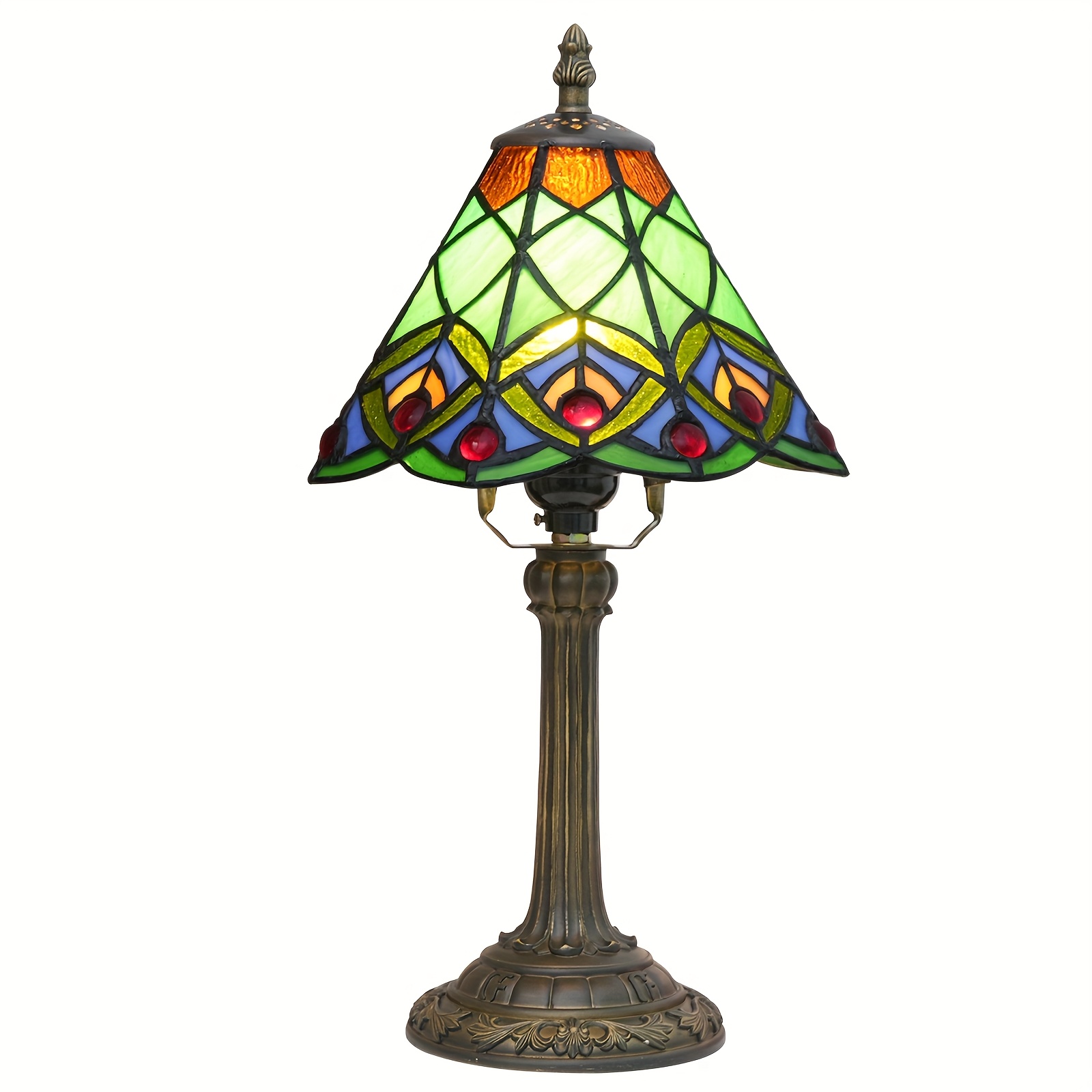 8" Green Peacock Stained Glass Lamp