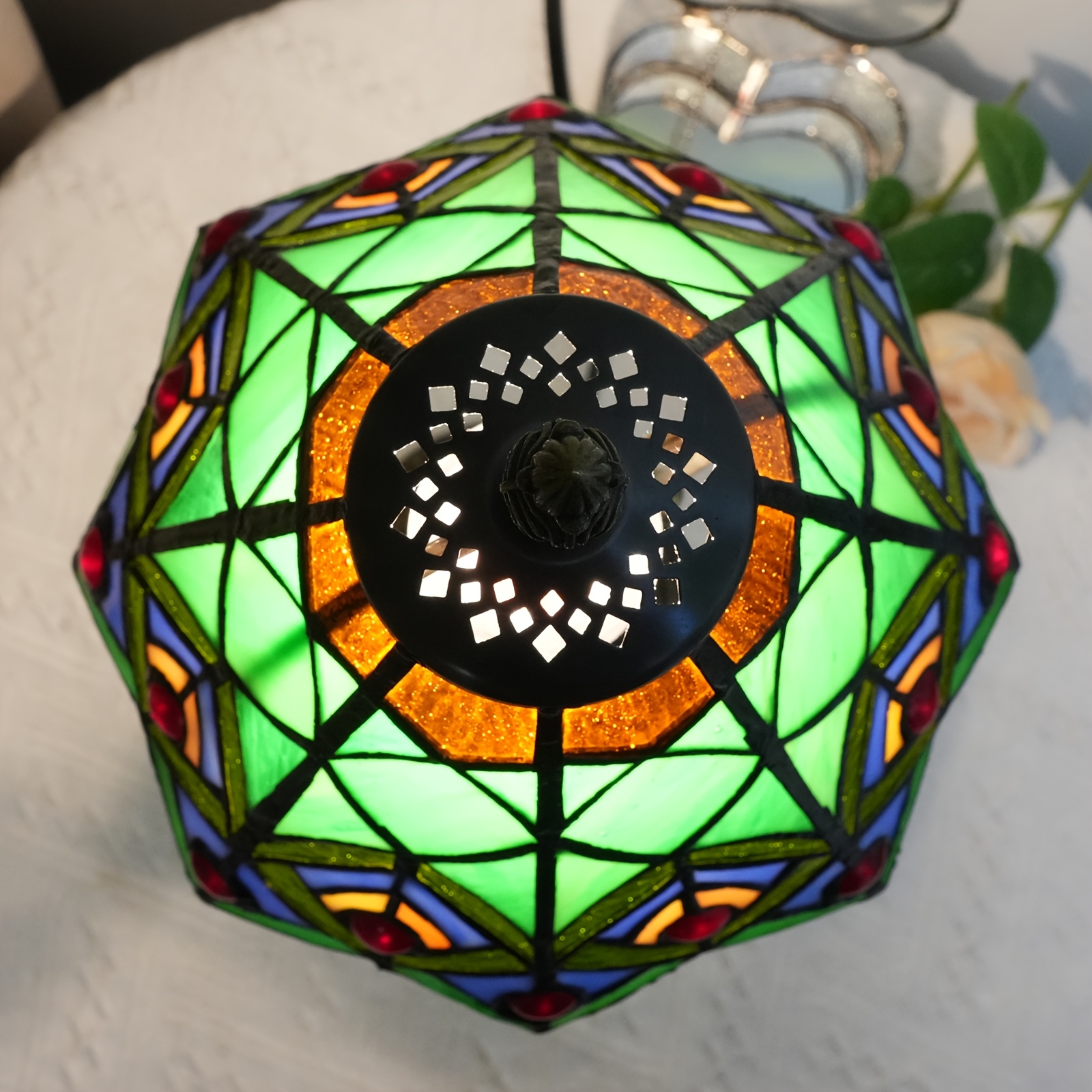 8" Green Peacock Stained Glass Lamp