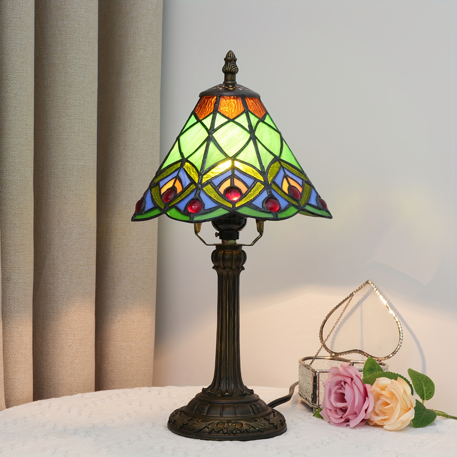 8" Green Peacock Stained Glass Lamp