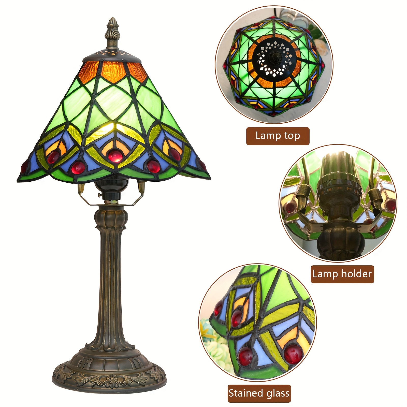 8" Green Peacock Stained Glass Lamp