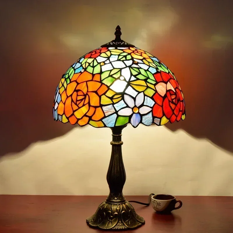 Tiffany Rose Stained Glass Table Lamp